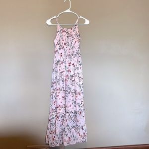 Maternity She + Sky dress from PinkBlush. Pink floral, flowy fit. Halter top.